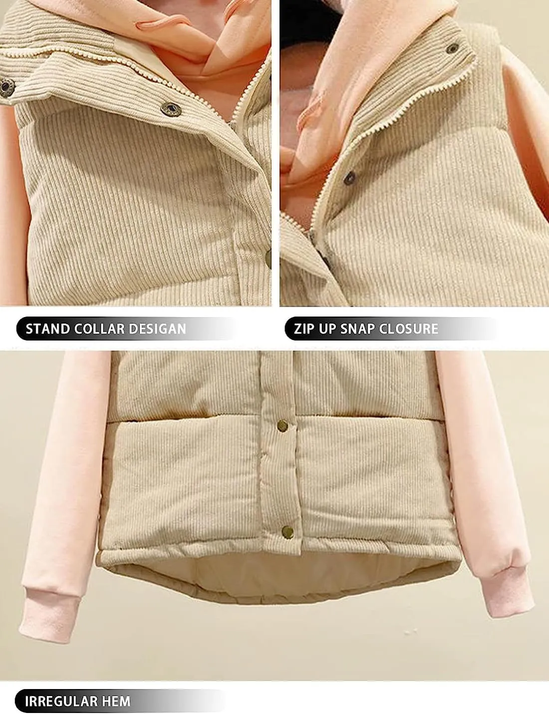 Womens Corduroy Puffer Vest Sleeveless Stand Collar Zip Up Snap Lightweight Jacket Padded Gilet Outerwear
