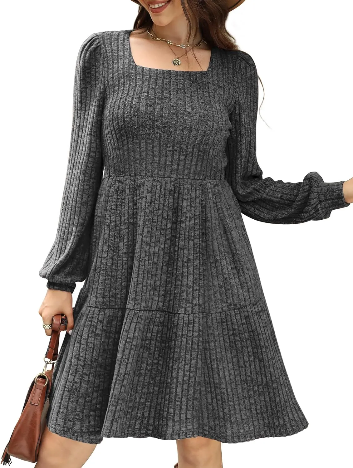 Womens Nursing Fall Dresses Square Neck Long Sleeve Winter Babydoll Dress with Pockets