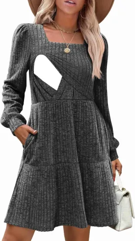 Womens Nursing Fall Dresses Square Neck Long Sleeve Winter Babydoll Dress with Pockets