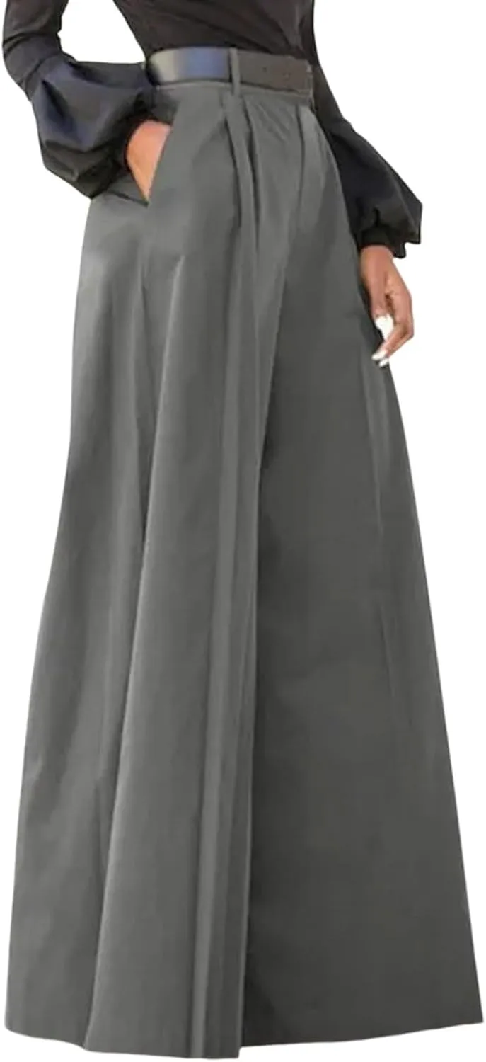 Women's Pleated Casual Trousers Summer Linen Comfy Trousers High Waisted Drawstring Lounge Pants with Pockets