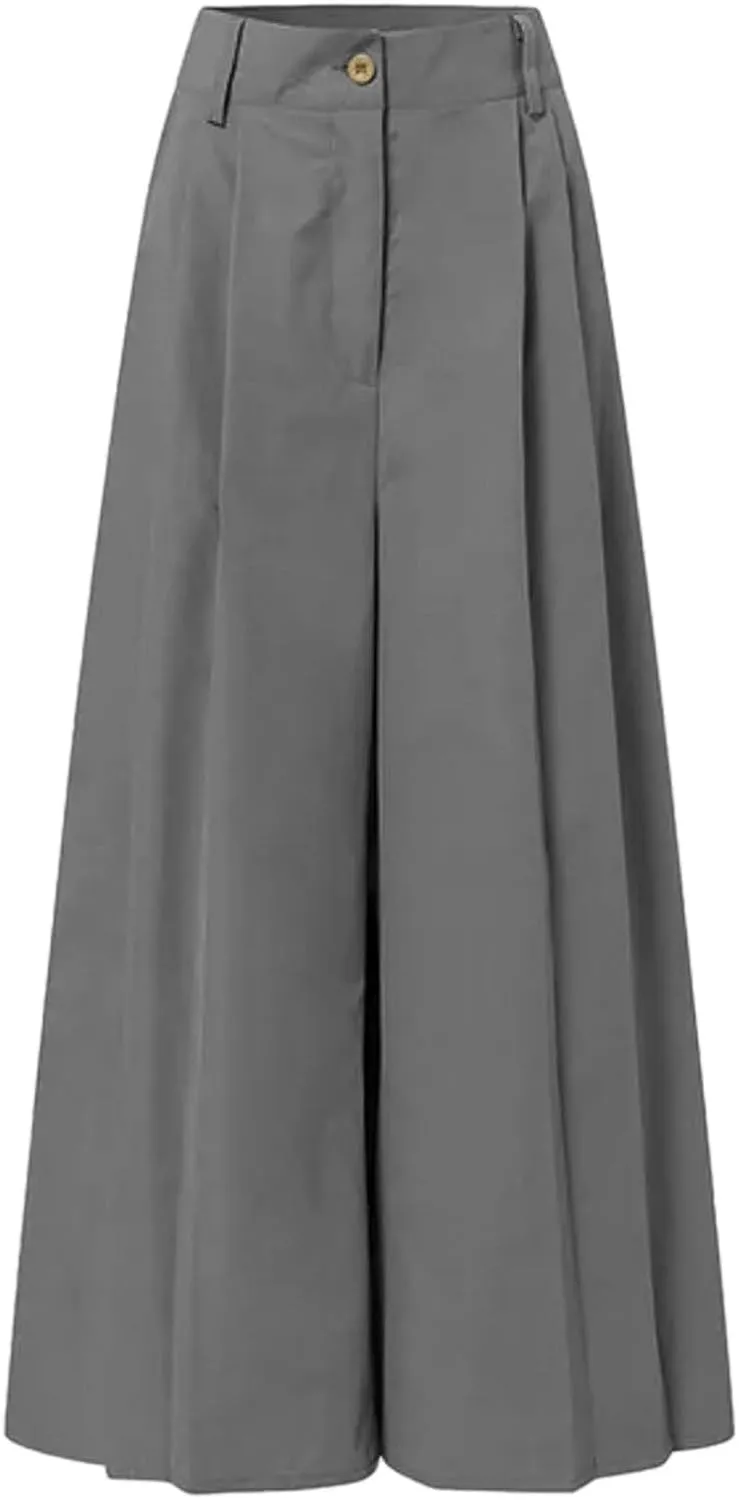 Women's Pleated Casual Trousers Summer Linen Comfy Trousers High Waisted Drawstring Lounge Pants with Pockets