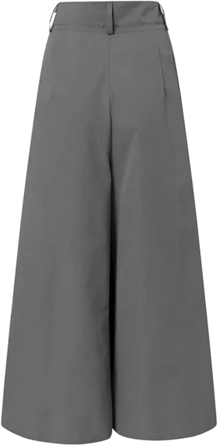 Women's Pleated Casual Trousers Summer Linen Comfy Trousers High Waisted Drawstring Lounge Pants with Pockets