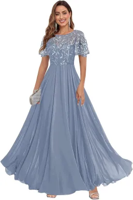 Women's Sequin Lace Mother of The Bride Dresses for Wedding Short Sleeve Formal Evening Gowns with Pockets