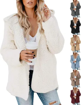 Womens Sherpa Jacket Oversized Fuzzy Fleece Teddy Coat Slouchy Open Front Hooded Cardigan with Pockets Winter Clothes