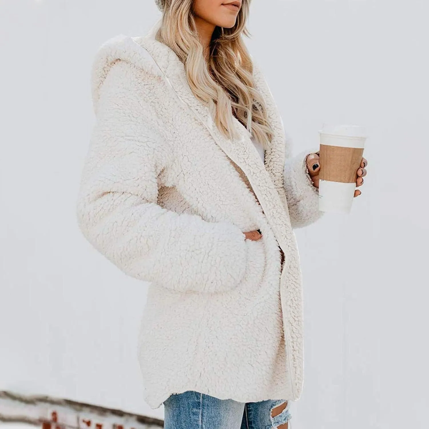Womens Sherpa Jacket Oversized Fuzzy Fleece Teddy Coat Slouchy Open Front Hooded Cardigan with Pockets Winter Clothes