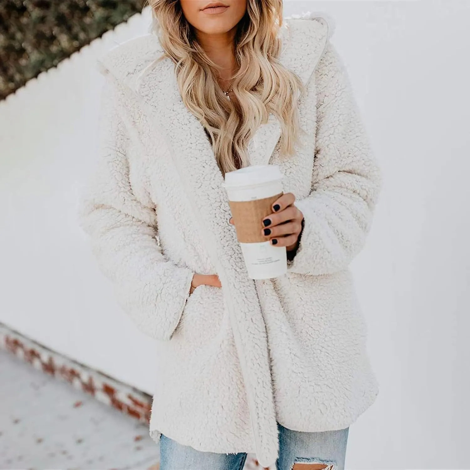 Womens Sherpa Jacket Oversized Fuzzy Fleece Teddy Coat Slouchy Open Front Hooded Cardigan with Pockets Winter Clothes