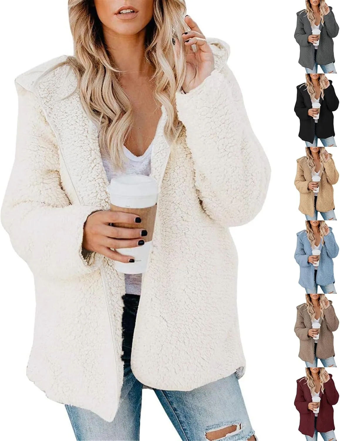 Womens Sherpa Jacket Oversized Fuzzy Fleece Teddy Coat Slouchy Open Front Hooded Cardigan with Pockets Winter Clothes