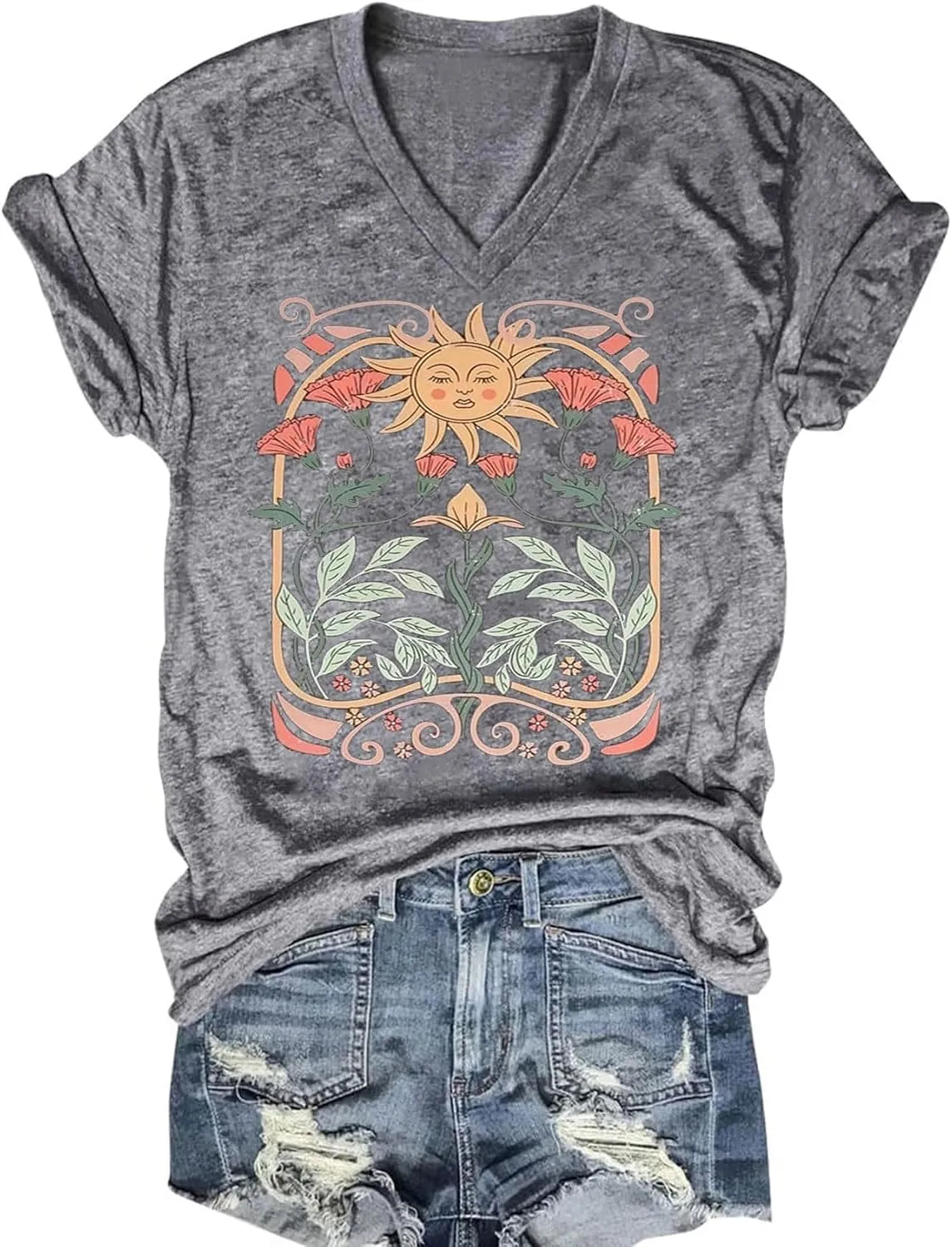 Women's T-Shirts V-Neck Dragonfly Tee Cute Summer Graphic Shirts Vintage Boho Flowers Short Sleeve T Shirt