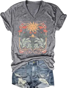 Women's T-Shirts V-Neck Dragonfly Tee Cute Summer Graphic Shirts Vintage Boho Flowers Short Sleeve T Shirt