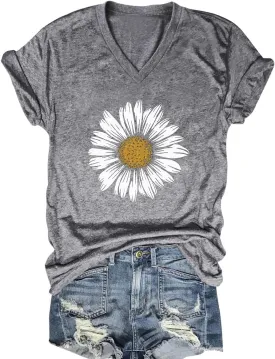 Women's T-Shirts V-Neck Dragonfly Tee Cute Summer Graphic Shirts Vintage Boho Flowers Short Sleeve T Shirt