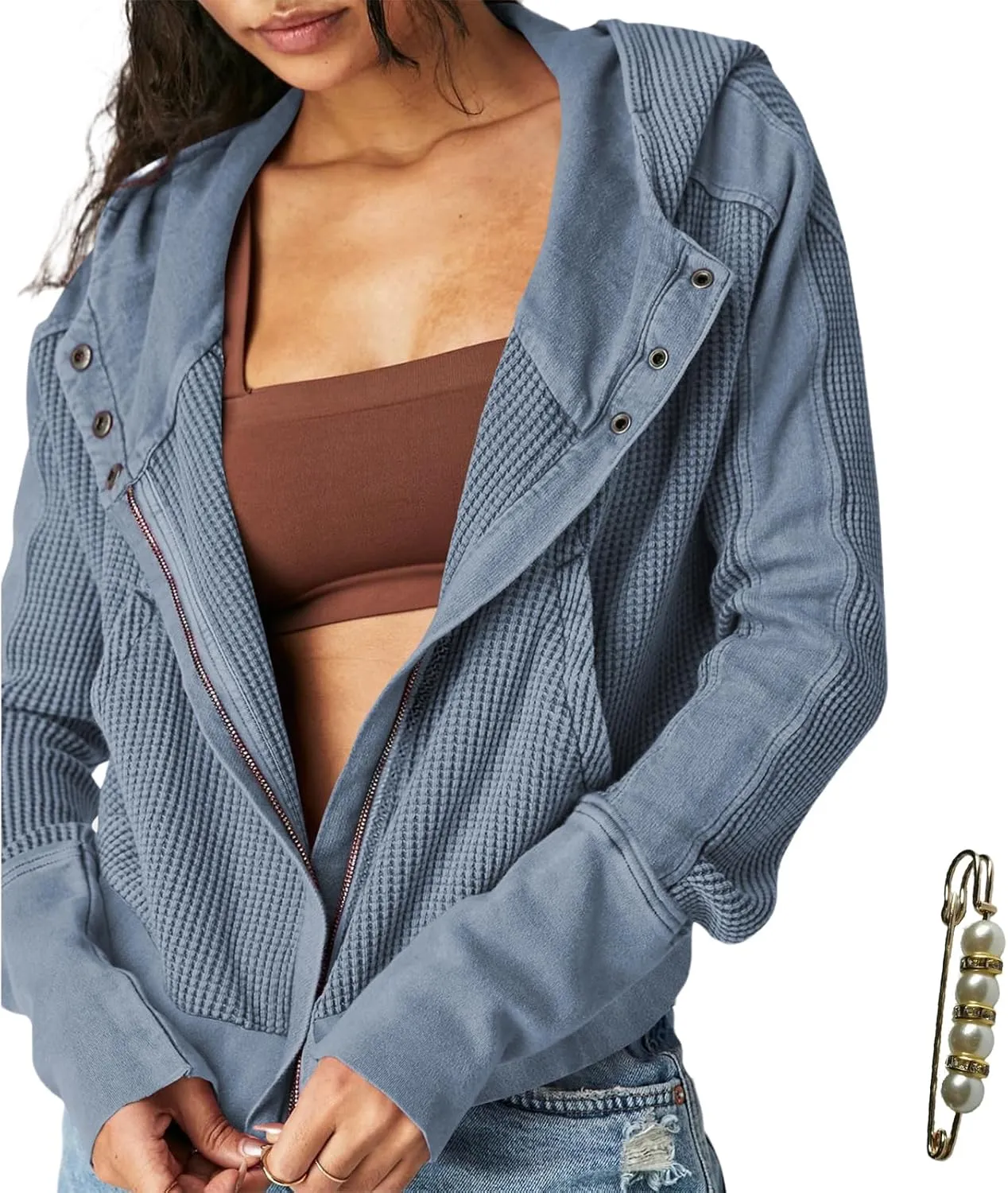 Womens Y2K Waffle Knit Hooded Sweater Thermal Sweatshirt Ribbed Cuffs Pockets Button Details Casual Outerwear