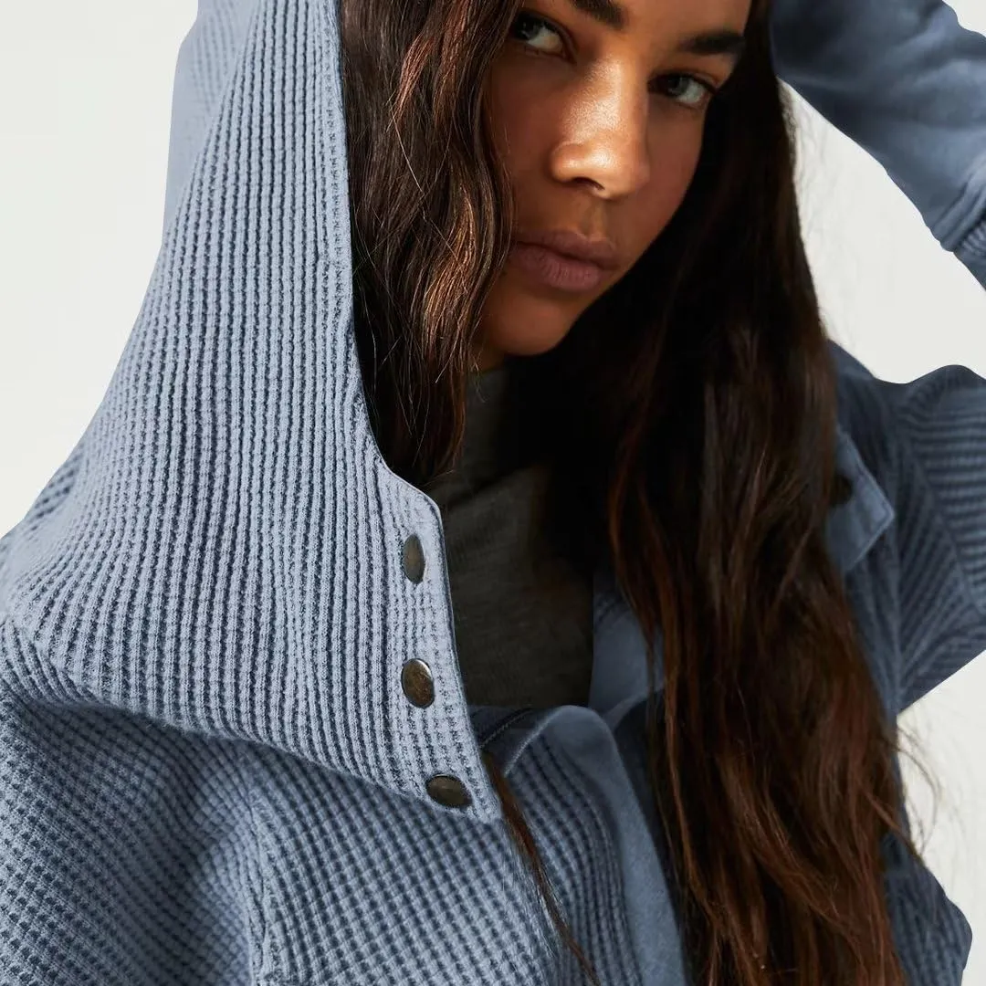 Womens Y2K Waffle Knit Hooded Sweater Thermal Sweatshirt Ribbed Cuffs Pockets Button Details Casual Outerwear