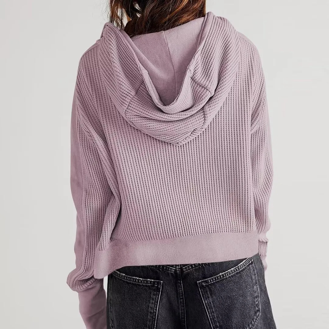 Womens Y2K Waffle Knit Hooded Sweater Thermal Sweatshirt Ribbed Cuffs Pockets Button Details Casual Outerwear