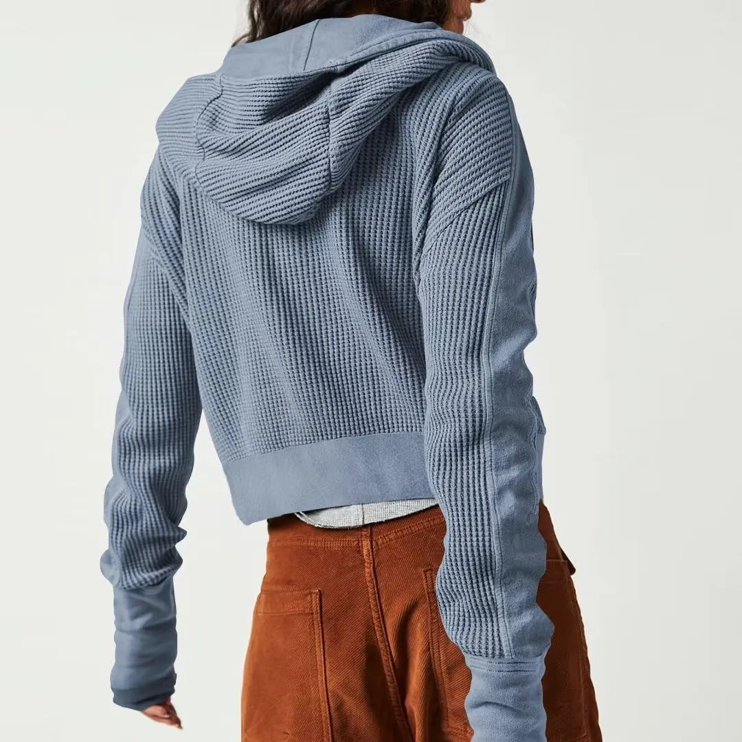Womens Y2K Waffle Knit Hooded Sweater Thermal Sweatshirt Ribbed Cuffs Pockets Button Details Casual Outerwear