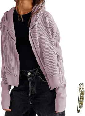 Womens Y2K Waffle Knit Hooded Sweater Thermal Sweatshirt Ribbed Cuffs Pockets Button Details Casual Outerwear