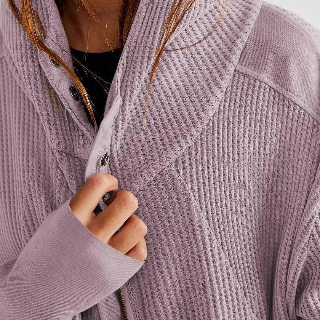 Womens Y2K Waffle Knit Hooded Sweater Thermal Sweatshirt Ribbed Cuffs Pockets Button Details Casual Outerwear