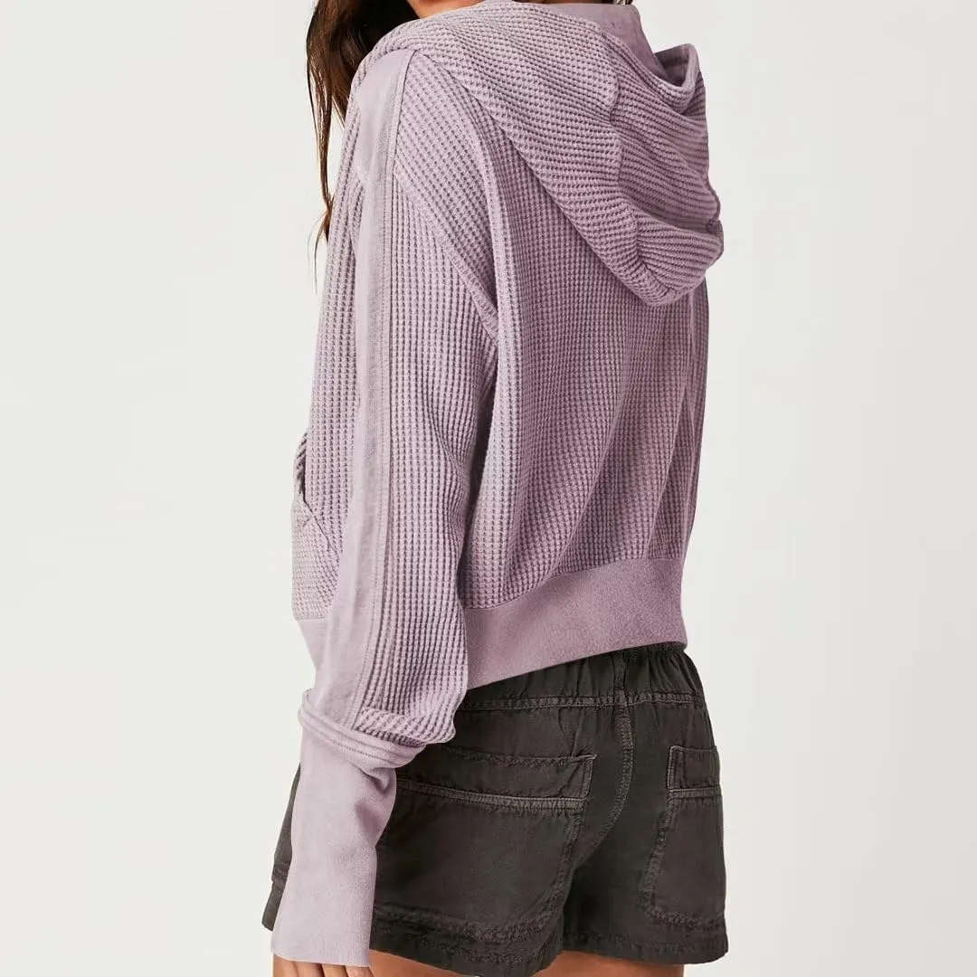Womens Y2K Waffle Knit Hooded Sweater Thermal Sweatshirt Ribbed Cuffs Pockets Button Details Casual Outerwear