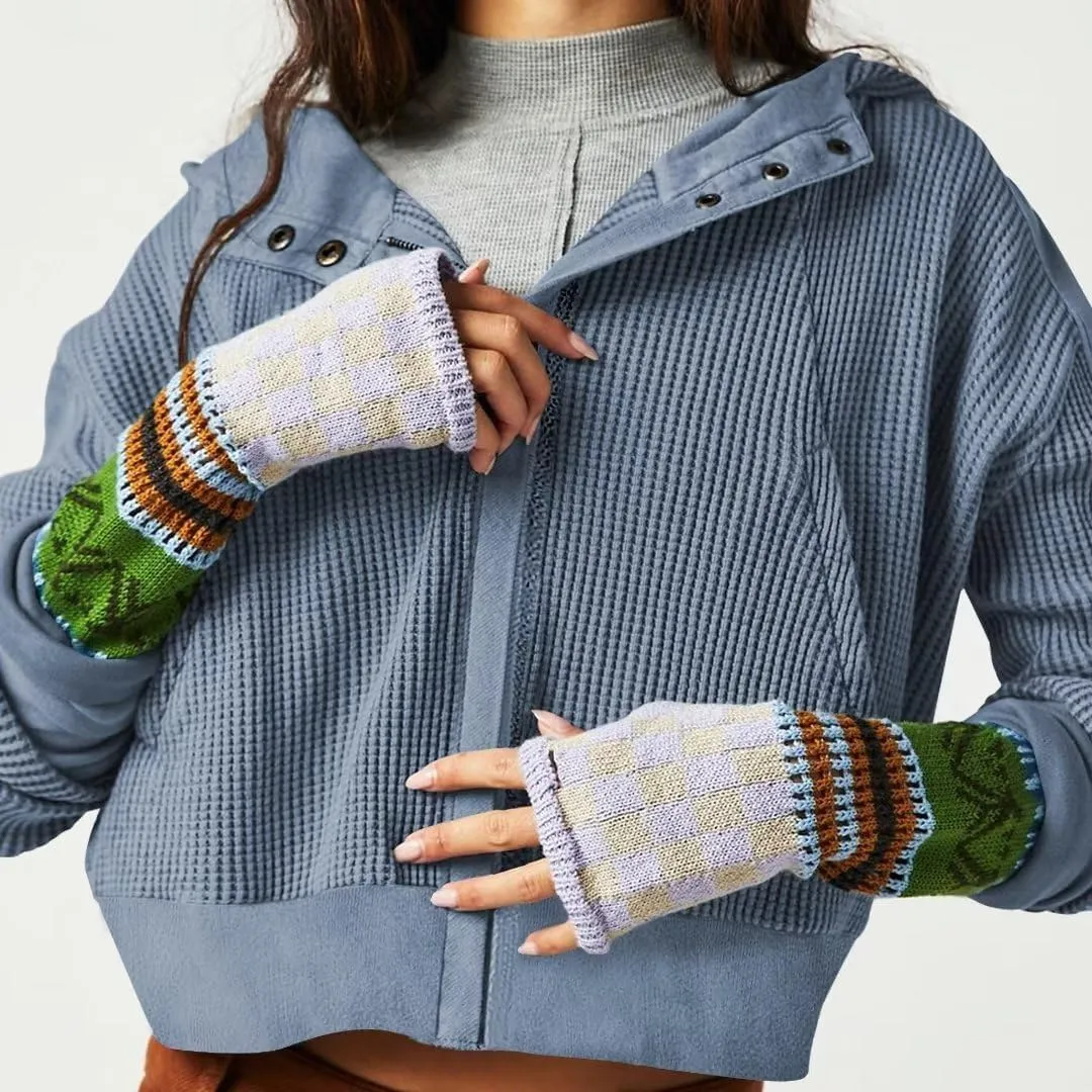 Womens Y2K Waffle Knit Hooded Sweater Thermal Sweatshirt Ribbed Cuffs Pockets Button Details Casual Outerwear