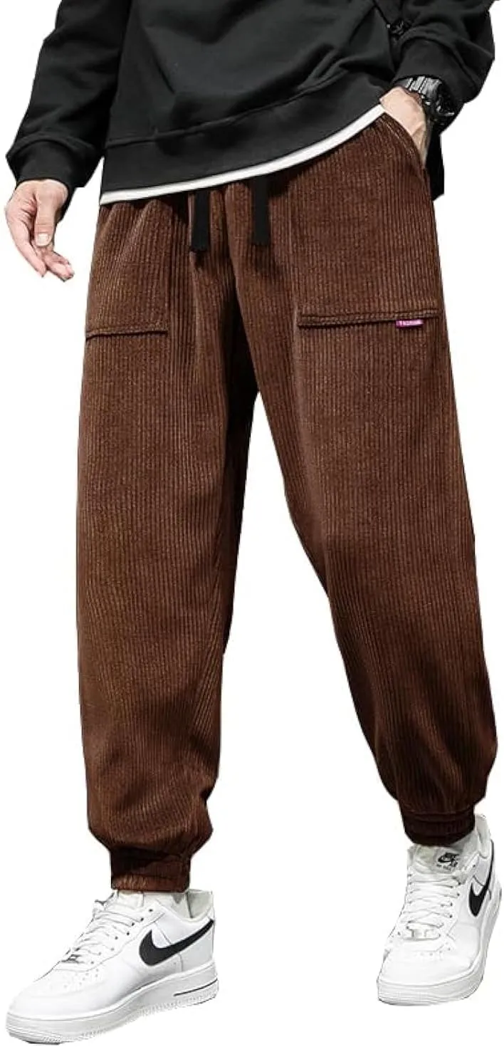WZIKAI Mens Corduroy Pants Elastic Waist Drawstring Tapered Joggers Sweatpants Casual Long Fashion Trousers with Pockets
