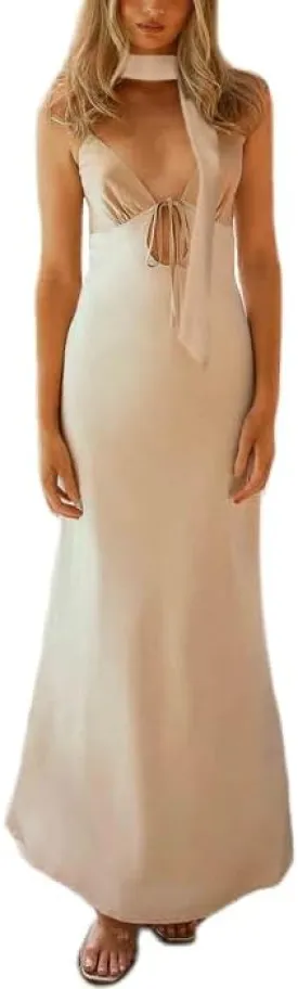 Y2k Spaghetti Strap Dress with Scarf Formal Backless Cutout Cocktail Long Dress Bow Tie Back Maxi Dresses for Women