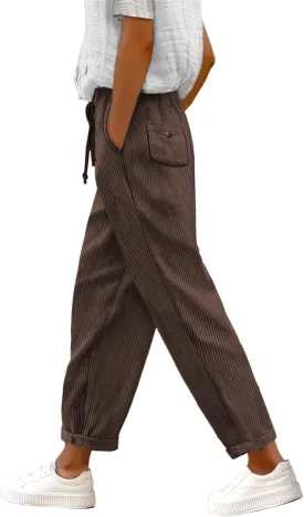 YESNO Corduroy Casual Straight Leg Pants for Women Elastic Waist Tapered Trousers with Pockets PCT