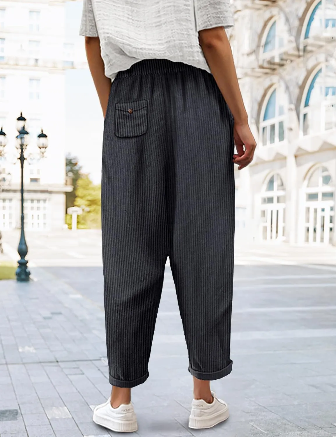 YESNO Corduroy Casual Straight Leg Pants for Women Elastic Waist Tapered Trousers with Pockets PCT