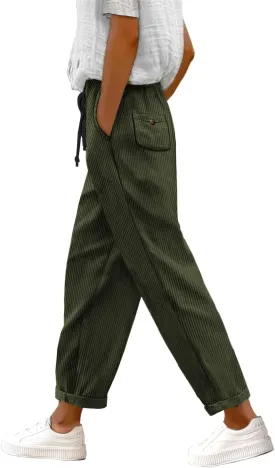 YESNO Corduroy Casual Straight Leg Pants for Women Elastic Waist Tapered Trousers with Pockets PCT