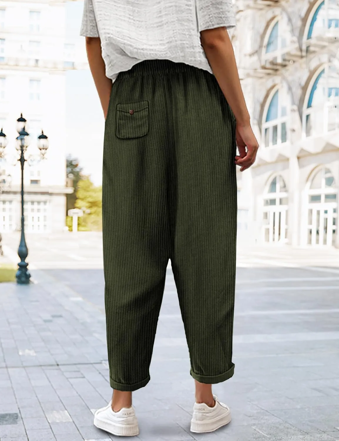 YESNO Corduroy Casual Straight Leg Pants for Women Elastic Waist Tapered Trousers with Pockets PCT