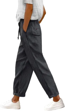YESNO Corduroy Casual Straight Leg Pants for Women Elastic Waist Tapered Trousers with Pockets PCT