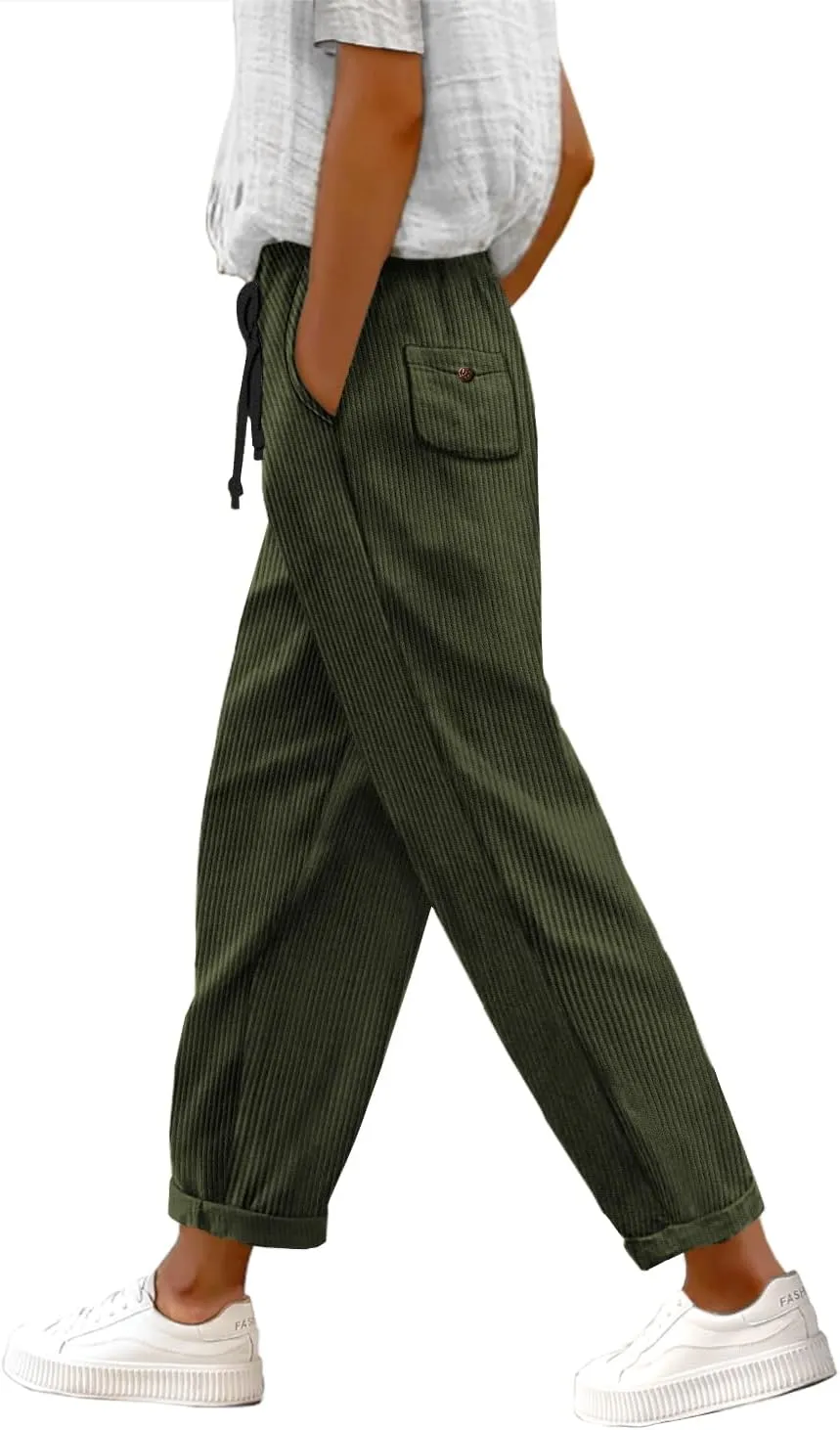 YESNO Corduroy Casual Straight Leg Pants for Women Elastic Waist Tapered Trousers with Pockets PCT