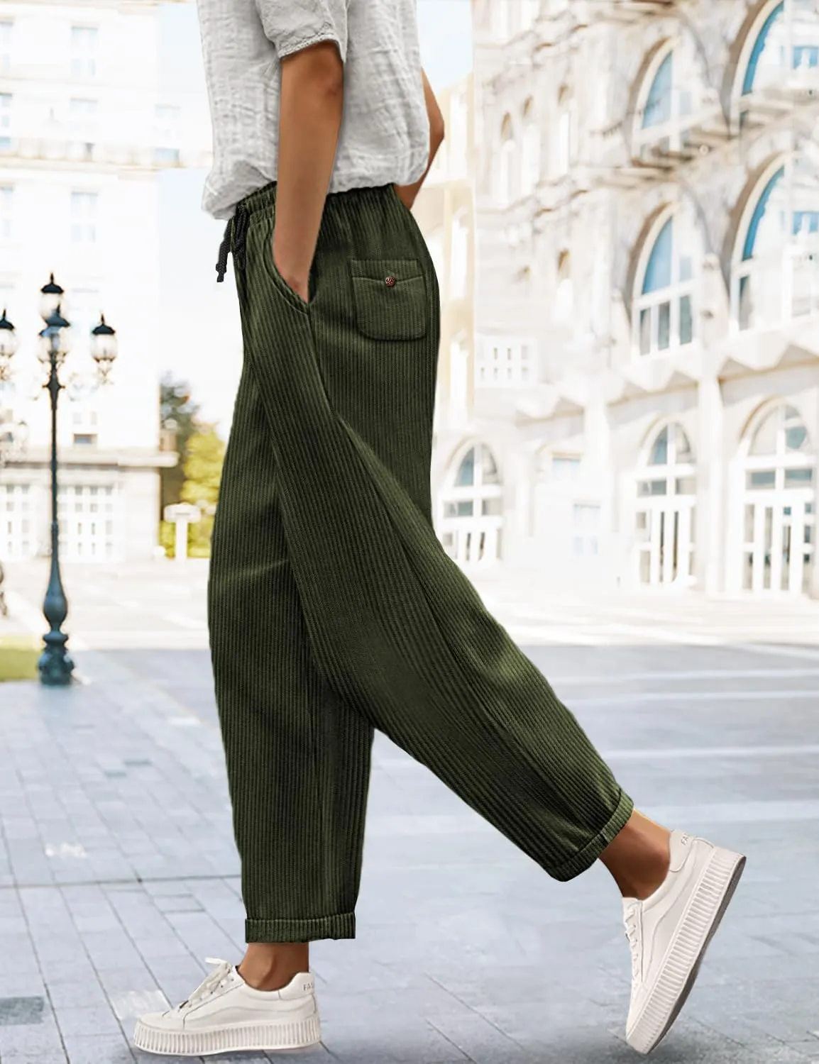 YESNO Corduroy Casual Straight Leg Pants for Women Elastic Waist Tapered Trousers with Pockets PCT