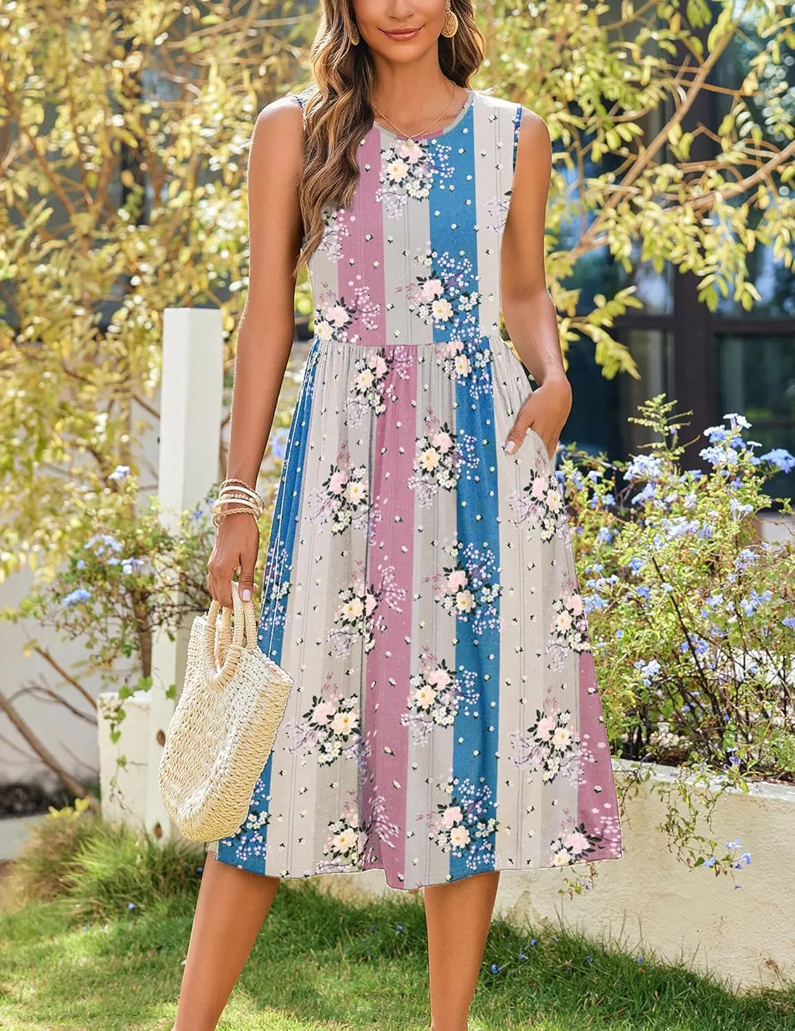 Zeagoo Women's Summer Tank Midi Dress with Pockets Sleeveless A-Line Dress Casual Floral T-Shirt Dress Flowy Beach Sundress