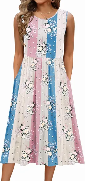 Zeagoo Women's Summer Tank Midi Dress with Pockets Sleeveless A-Line Dress Casual Floral T-Shirt Dress Flowy Beach Sundress