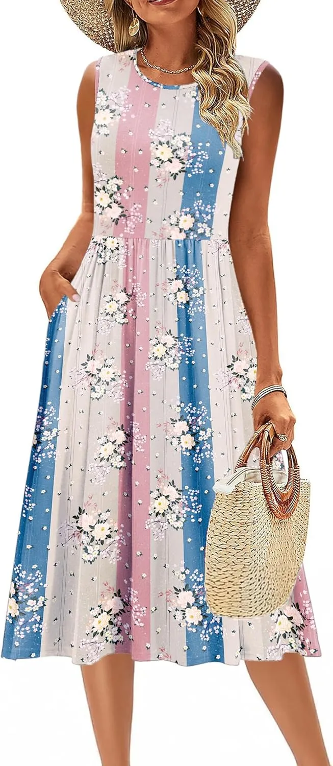 Zeagoo Women's Summer Tank Midi Dress with Pockets Sleeveless A-Line Dress Casual Floral T-Shirt Dress Flowy Beach Sundress