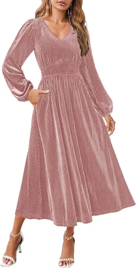 ZESICA Women's Velvet Midi Dress Casual V Neck Long Sleeve Solid Color Elastic High Waist Flowy Evening Party Dresses